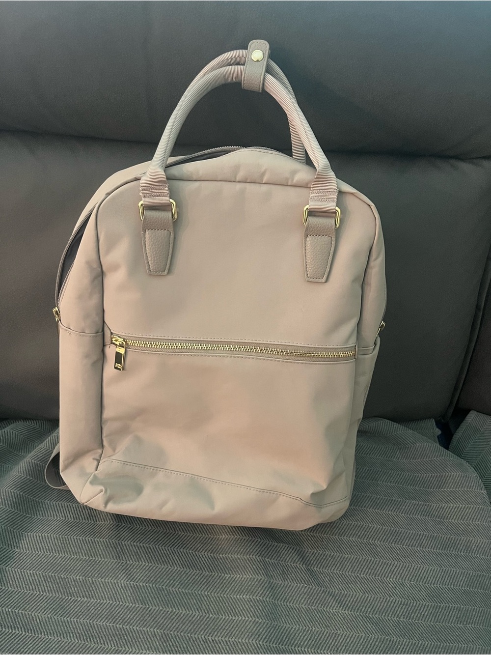 Light Taupe Laptop Backpack with Handles and Gold Zippers